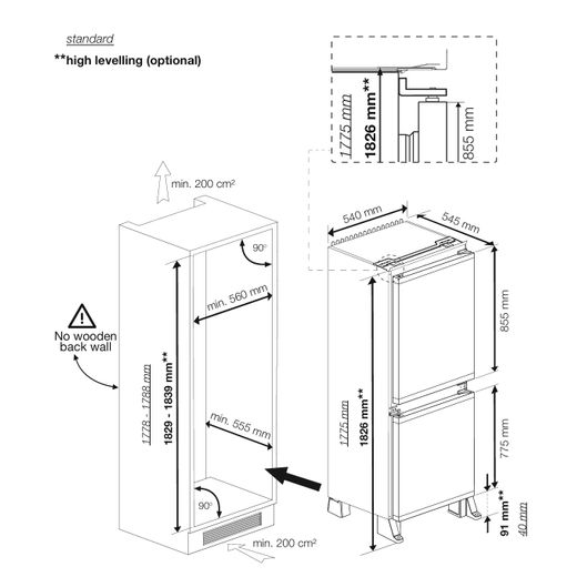 Indesit KINS 1261 B4UK 178cm 50/50 Integrated Fridge Freezer with Sliding Door Fixing Kit - White - Dimensions